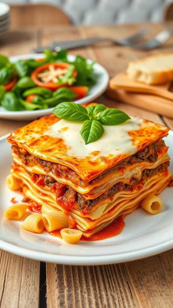 A delicious homemade lasagna with layers of pasta, meat sauce, and melted cheese, surrounded by fresh basil and garlic bread.